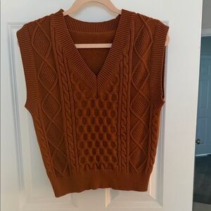 Cable Knit V-Neck Sweater Vest - Burnt Orange